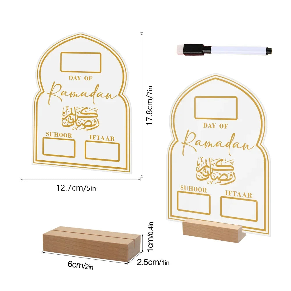 Reusable Acrylic Ramadan Calendar Board Wooden Base Table Ornament with Pen