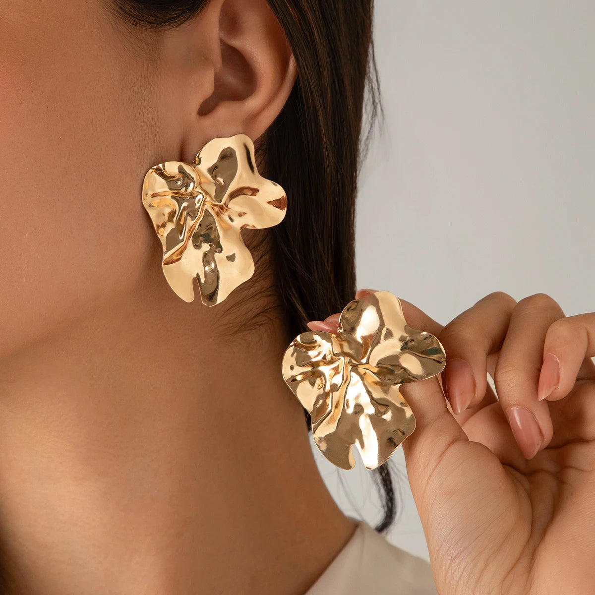 Goth Geometric Irregular Metal Petal Flower Stud Earrings