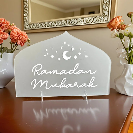 1pc Engraved Ramadan Mubarak Table Sign FROSTED WHITE