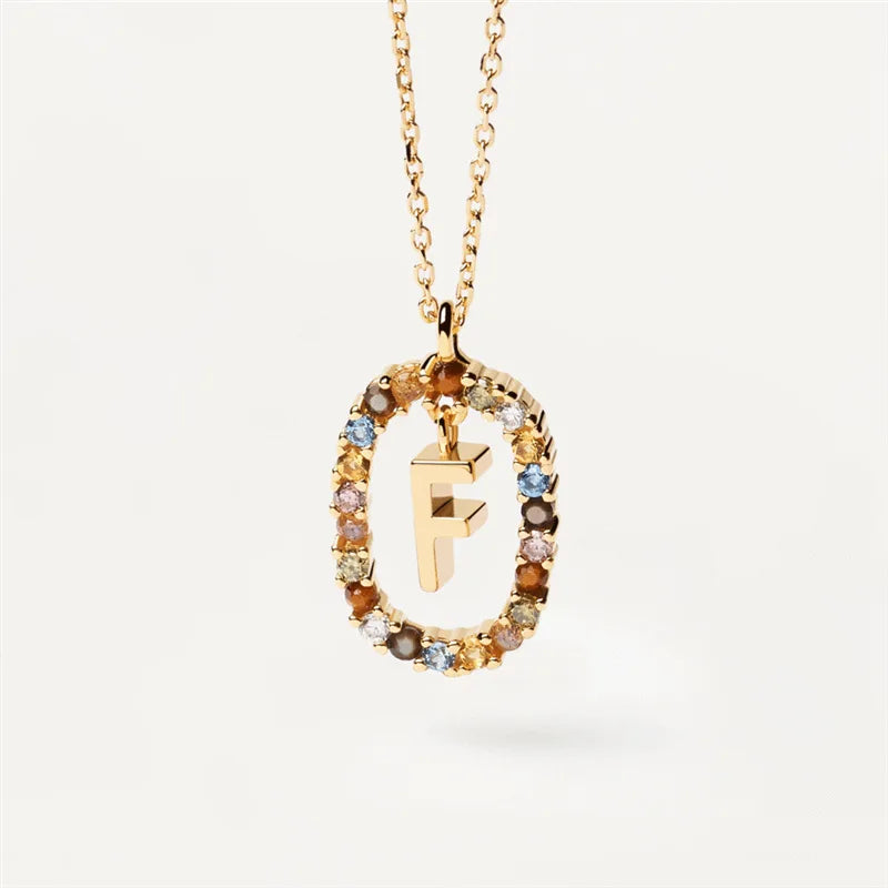 925 Sterling Silver Gold A-Z Letter Necklace Color Zircon