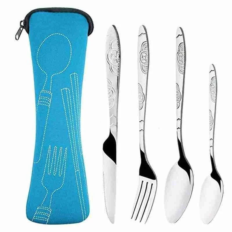 4Pcs/3Pcs Set Dinnerware Portable Printed Knifes Fork Spoon Stainless Steel Tableware with Bag