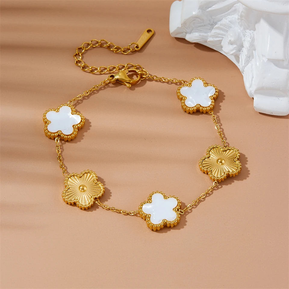 Stainless Steel Gold Plated Clover Charm Bracelet