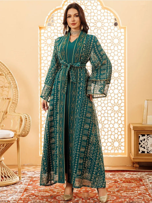 Women Muslim Abaya 2 Piece Set Embroidery Long Robe Jalabiya Full Length