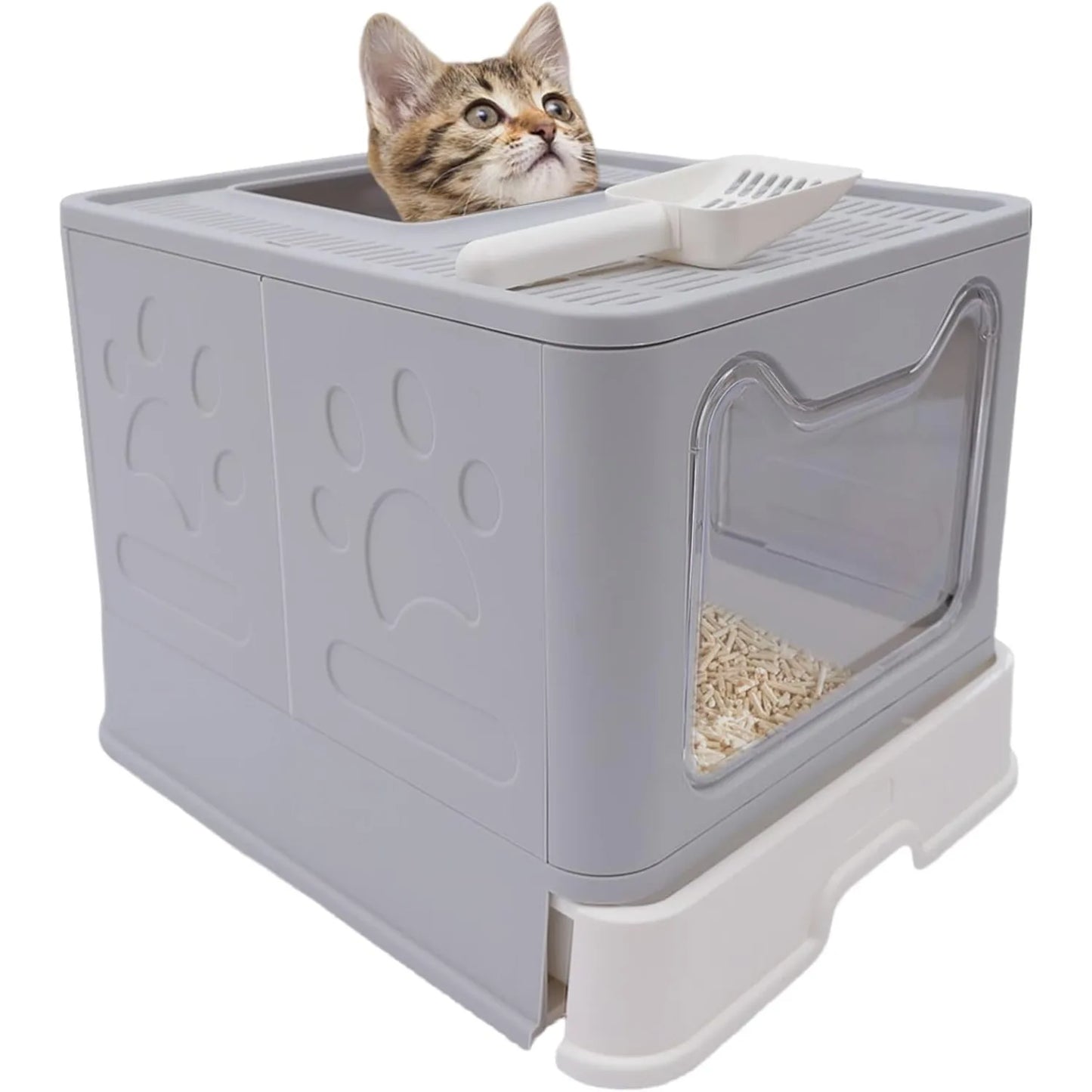 Enclosed Cat Kitty Litter Box with Scoop, Top and Front Entry Litter Box with Lid, Foldable Covered Cat Litter Box