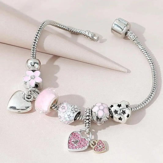 Bega Love Heart Flower Glass Pendant Charm Bracelet