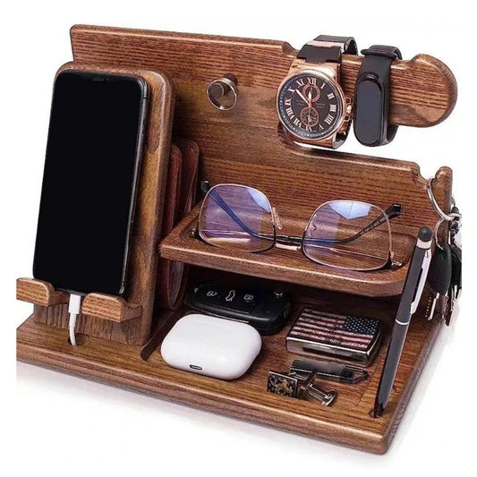 Wood Phone Docking Station Key Holder Wallet Stand Jewelry Watch Organizer Desk Accessories