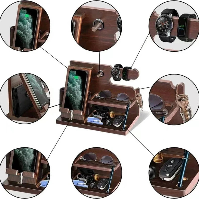 Wood Phone Docking Station Key Holder Wallet Stand Jewelry Watch Organizer Desk Accessories