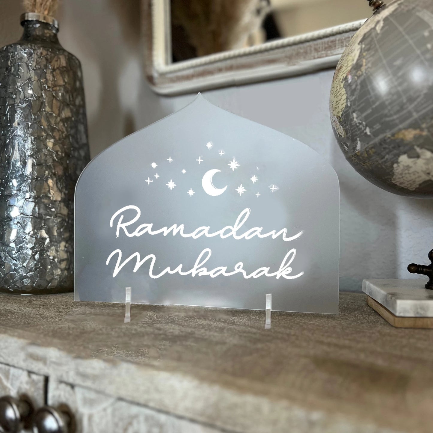 1pc Engraved Ramadan Mubarak Table Sign FROSTED WHITE