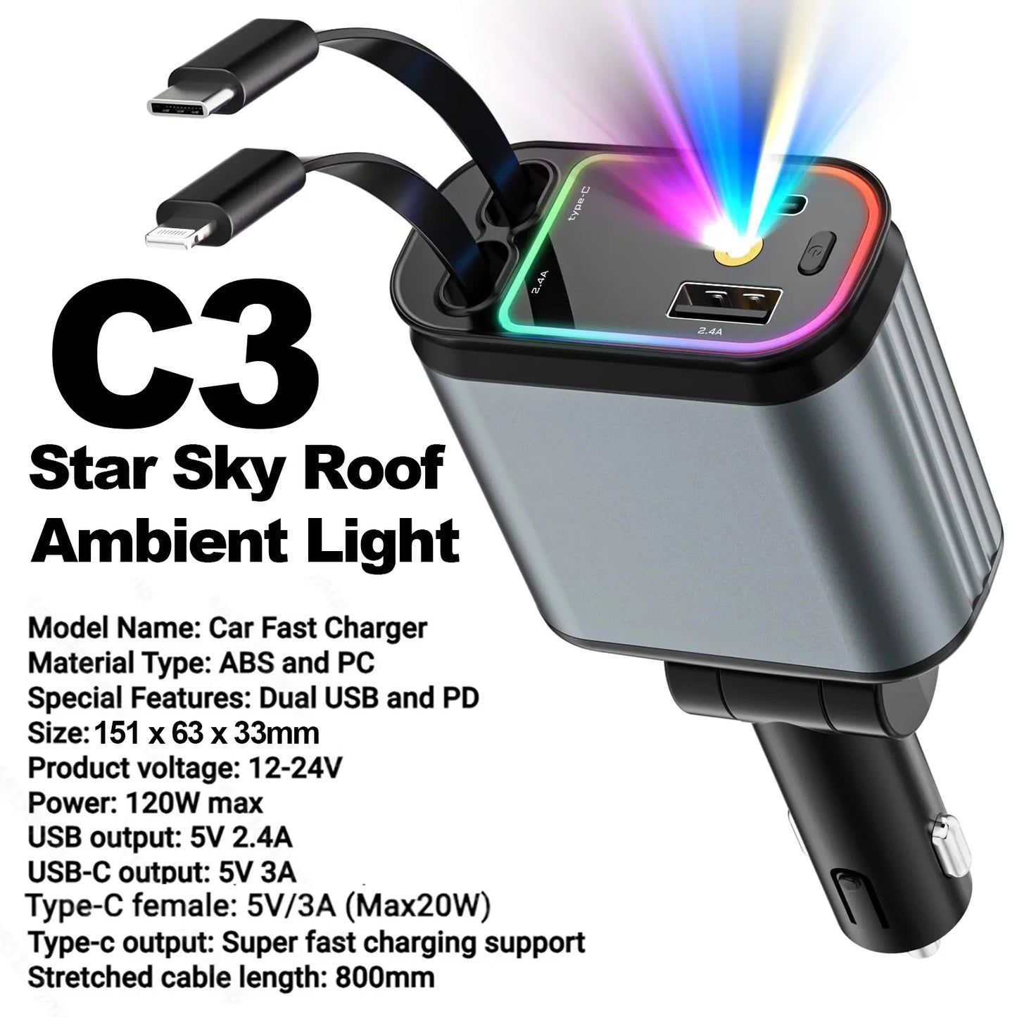 Retractable Car Charger with Starlight Type-C 120W Car Charger Adapter 4 in 1 Car Phone Charger with 2 USB Ports Star Top Light