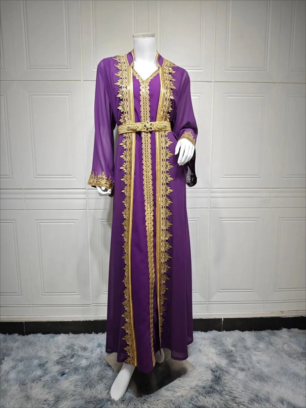 Eid Muslim Women Party Dresses Jellabiya 2 Piece Set Embroidery Arab Long Robe