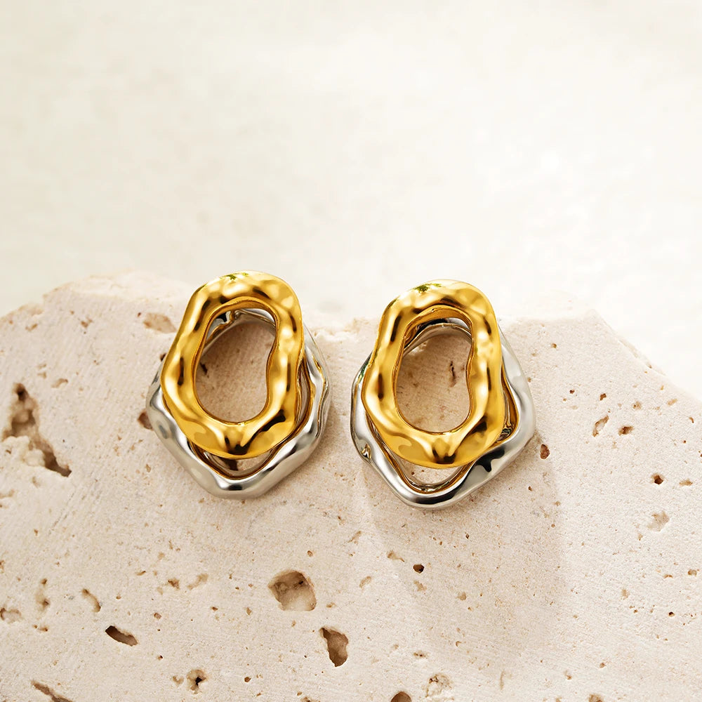 Geometric Stainless Steel Gold Sliver Color Bilayer Stud Earring