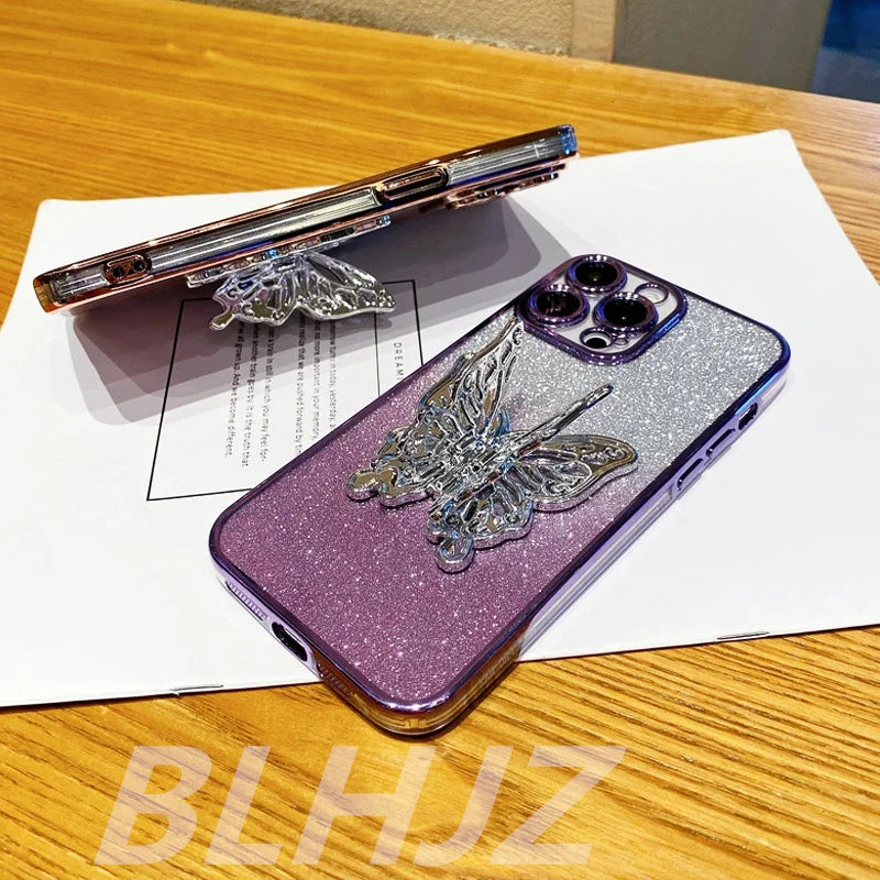 3D Butterfly Phone Holder Bead bracelet Glitter Plating Case for Funda Motorola Moto G24 G 24 G14 G34 G54 G84 G04 Stand Cover