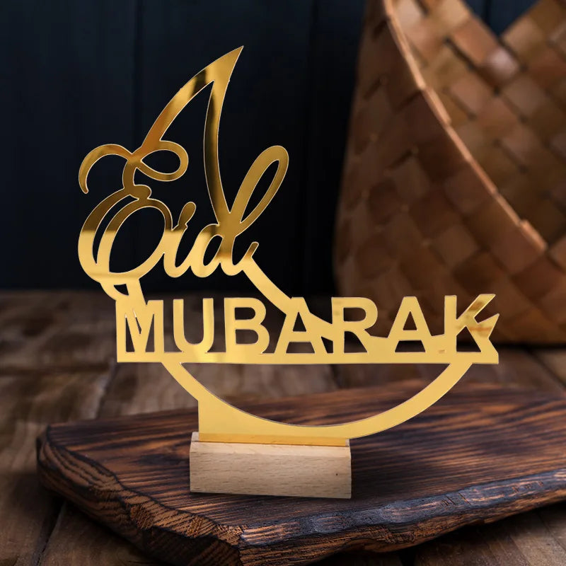 Eid Mubarak Moon Castle Acrylic Table Ornaments with Wooden Base 2025