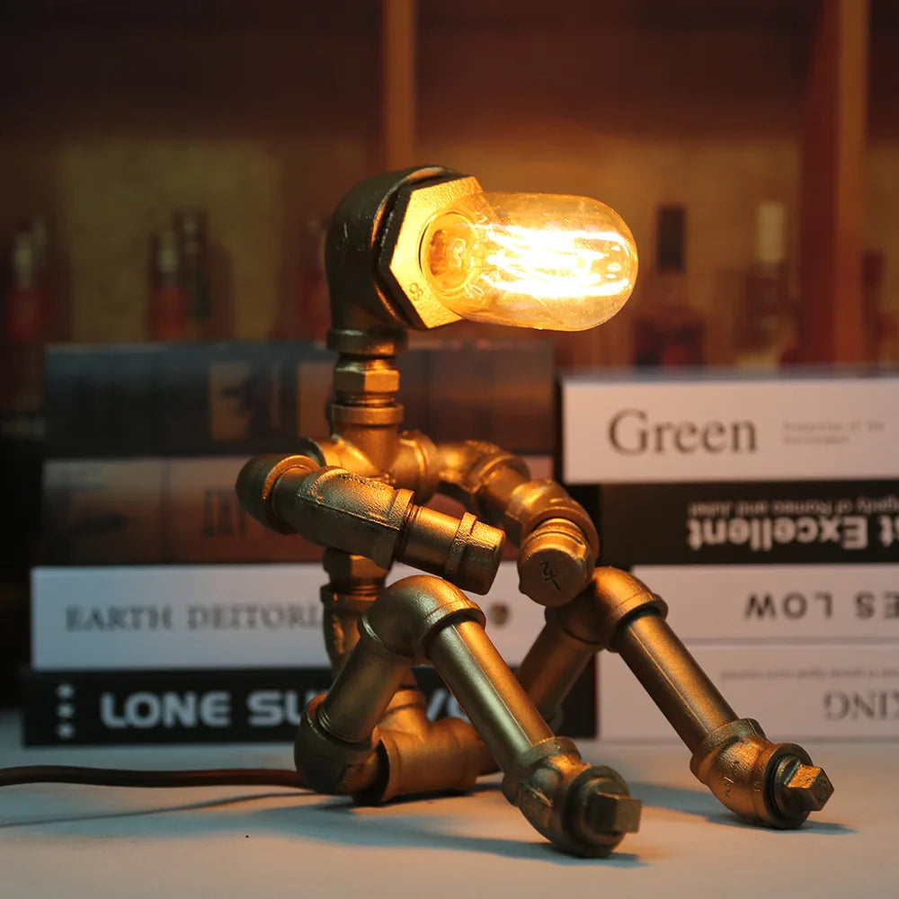 American Retro Water Pipe Lamp Punk Robot Decorative Table Lamp