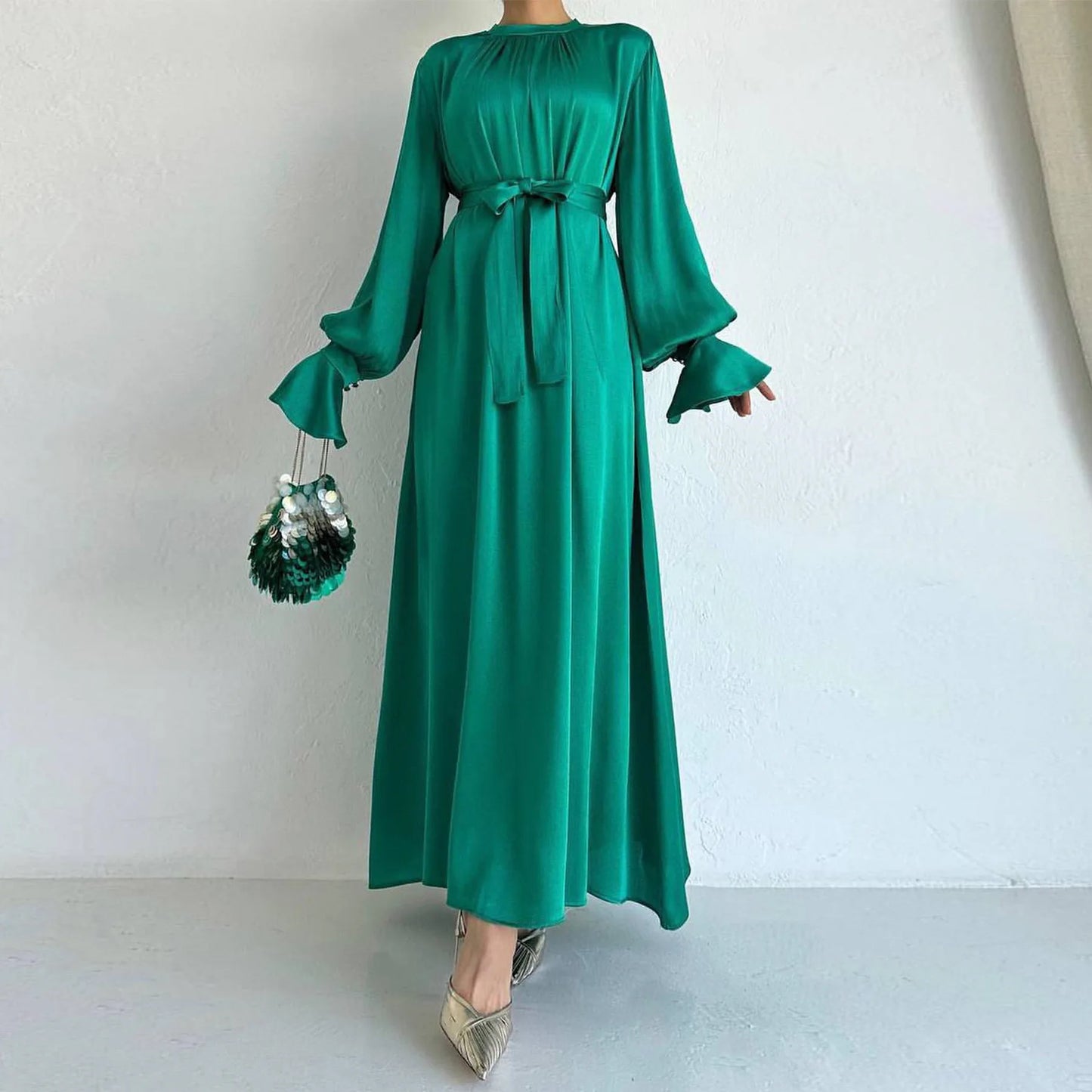 Elegant Satin Muslim Maxi Dress For Women With Belt