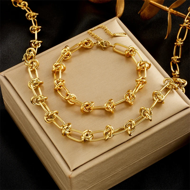 Stainless Steel Gold Silver Color Twist Knot Necklace Bracelets