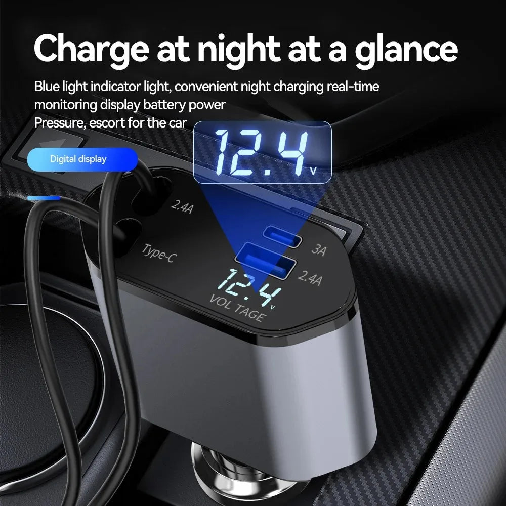 4-in-1 charger adapter Car cigarette lighter phone charger 120W fast charging flash charging Retractable car charging