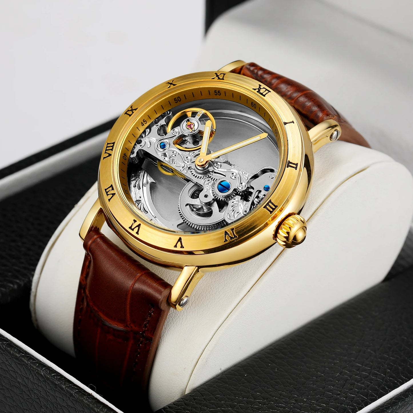 Vintage Mechanical Watches Golden Bridge Skeleton Automatic Men's Watch