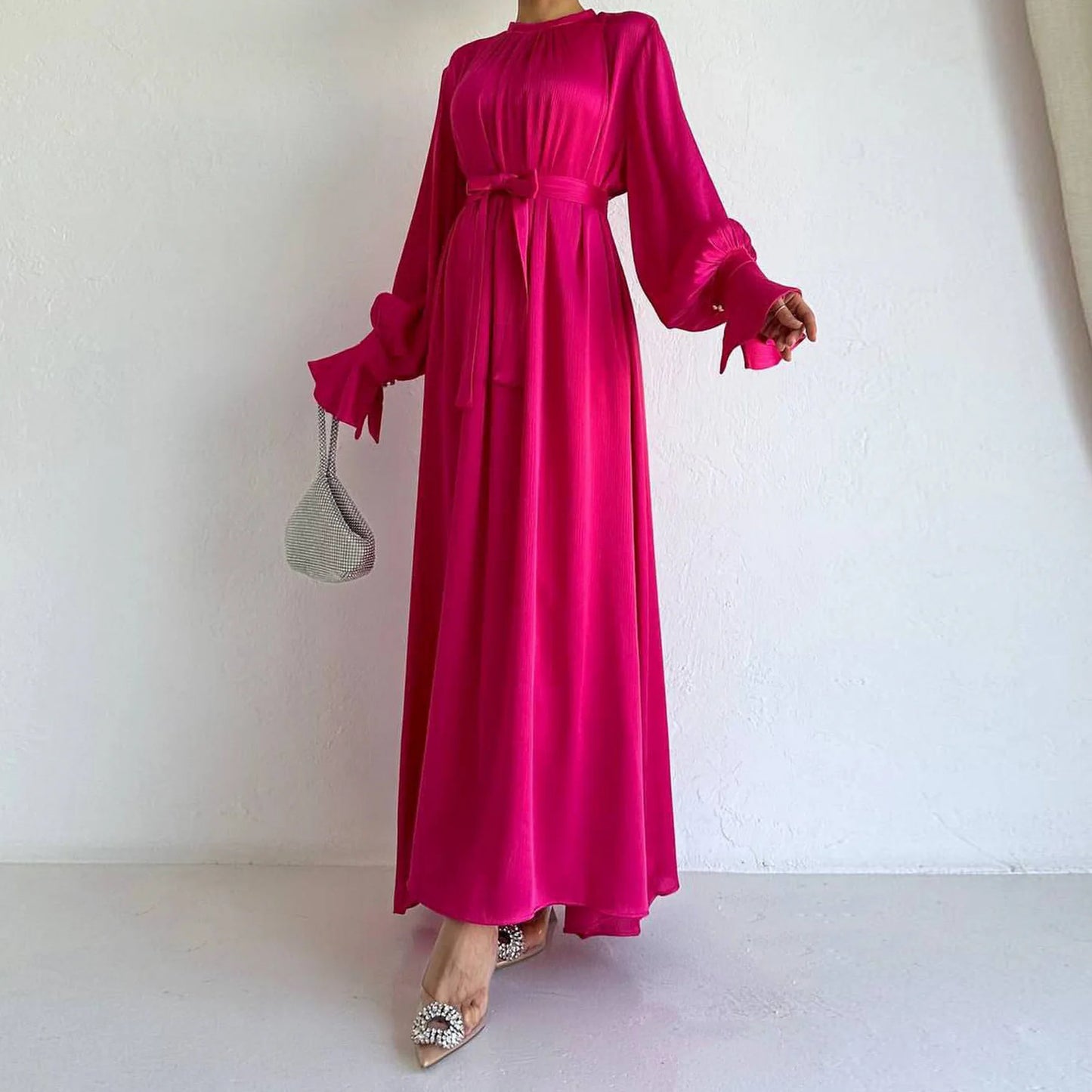 Elegant Satin Muslim Maxi Dress For Women With Belt