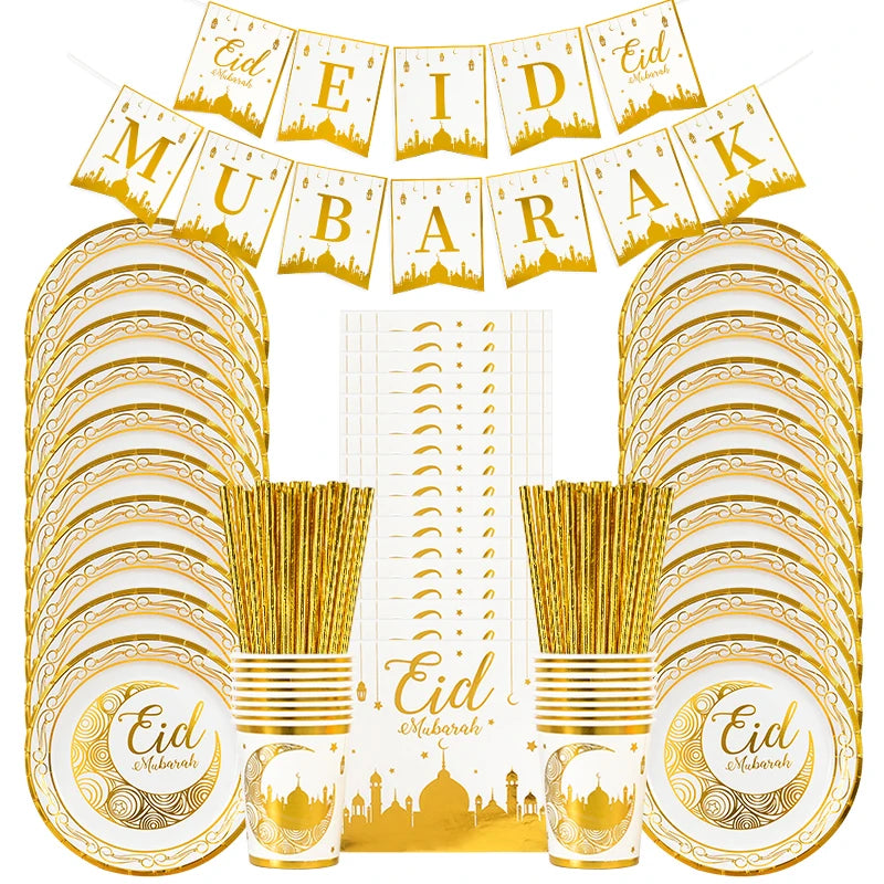 Eid Mubarak Disposable Tableware Gold Plate Cup Banner Gift Bags