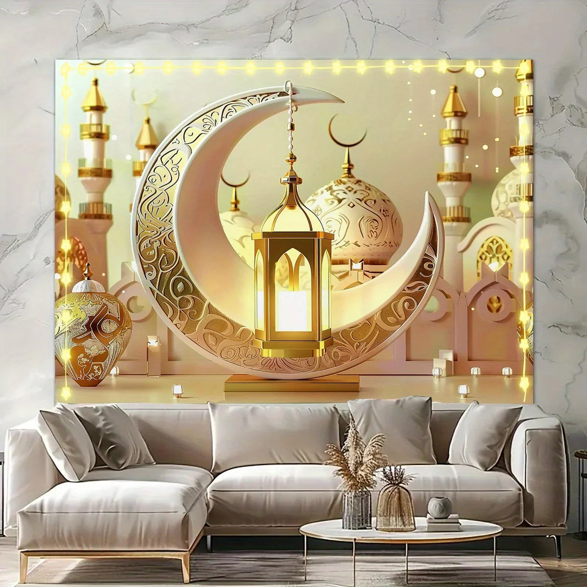 1pc Polyester Gold Moon and Lantern Eid Background Banner