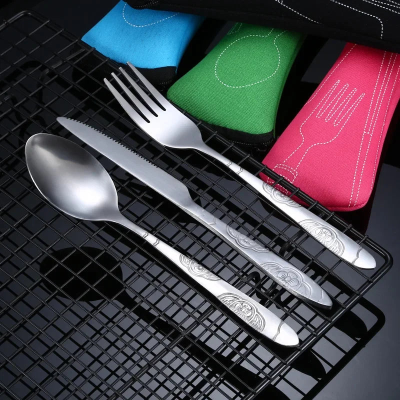 4Pcs/3Pcs Set Dinnerware Portable Printed Knifes Fork Spoon Stainless Steel Tableware with Bag