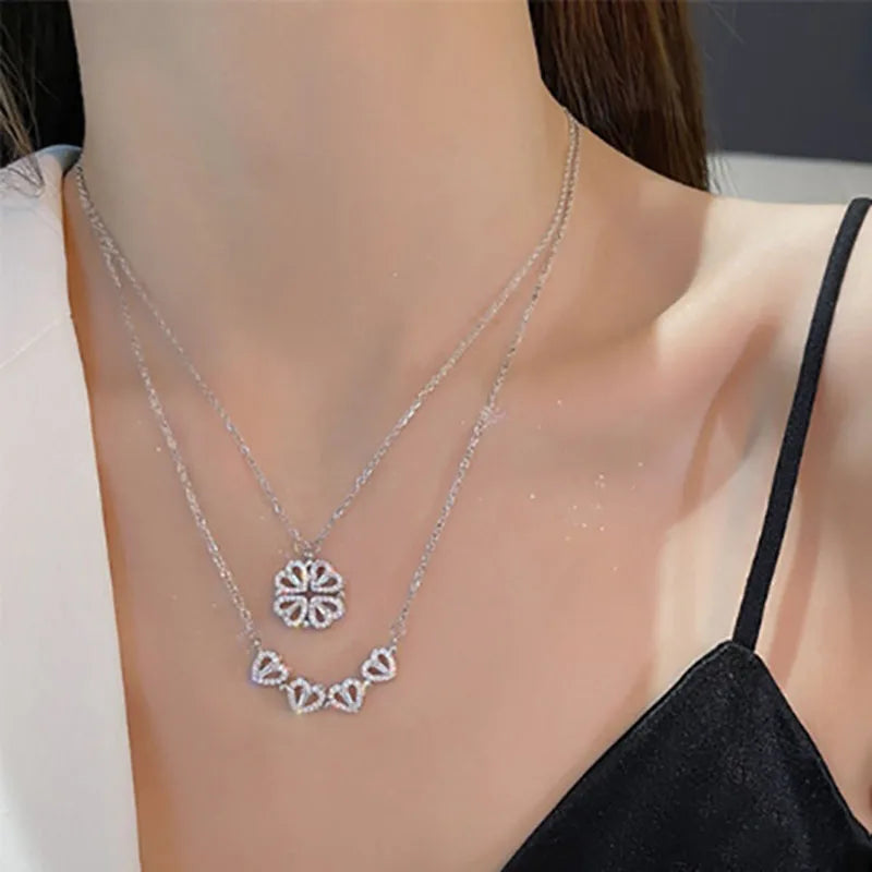 Heart Shaped Four Leaf Clover Pendant Necklace Silver Gold Jewelry Zircon