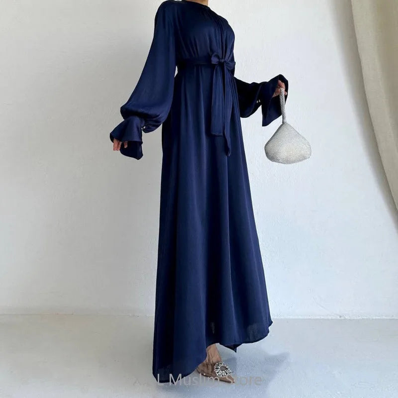 Elegant Satin Muslim Maxi Dress For Women With Belt