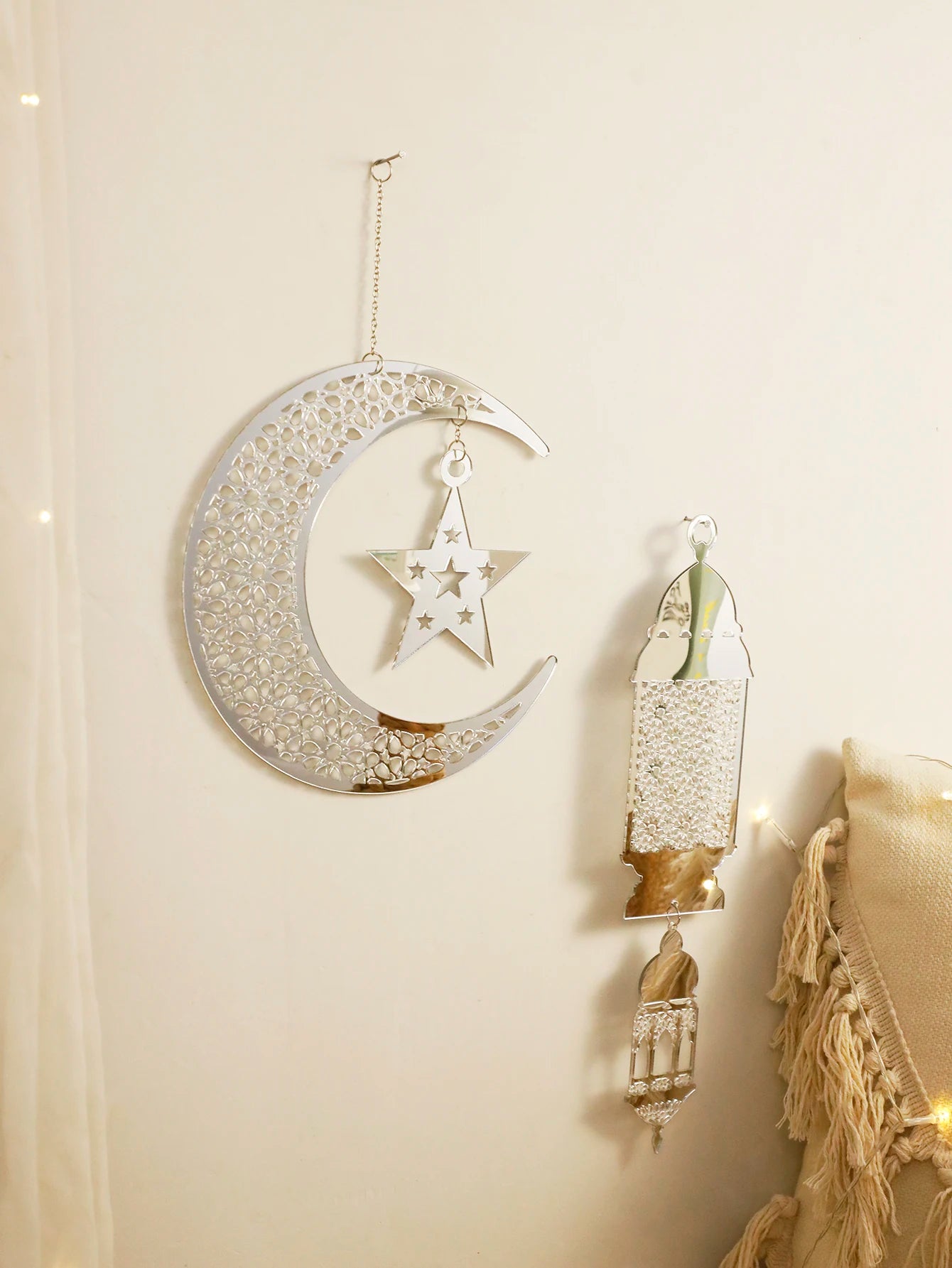 Silver Ramadan Acrylic Moon Hanging Ornaments with Hollow Mesh Star