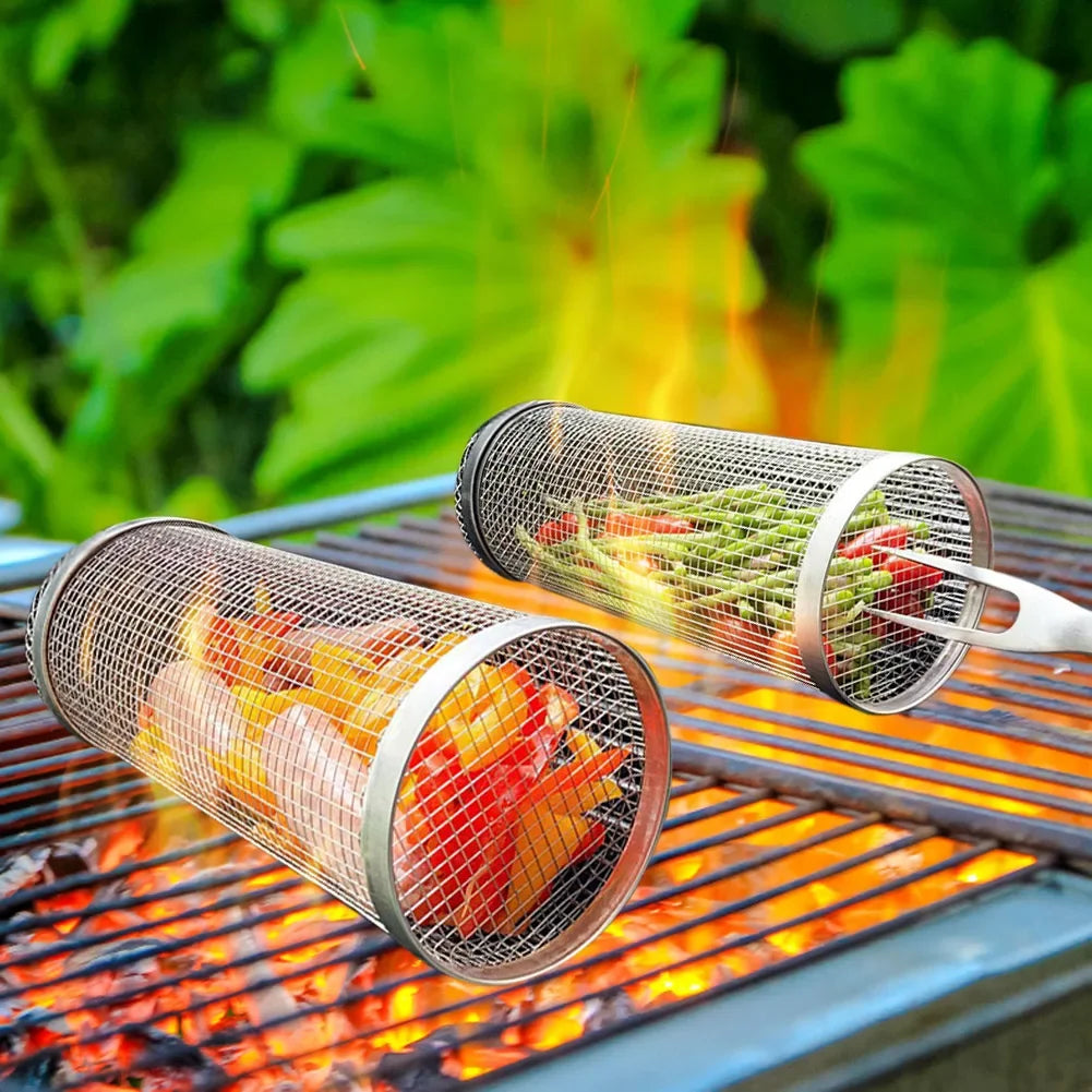 Barbecue Grill Grate Barbecue Cages Camping Picnic Cookware Outdoor Round BBQ Campfire Grill Grid Rolling Grill Basket