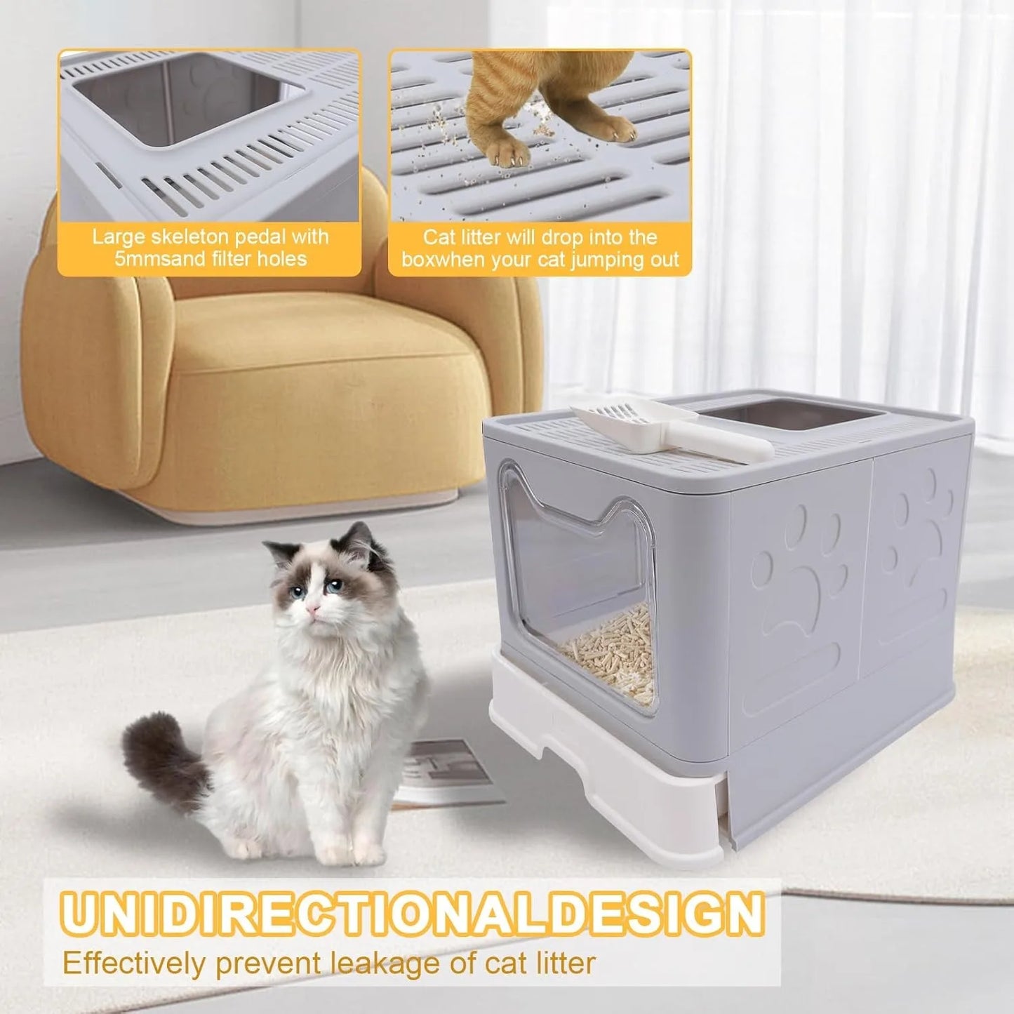 Enclosed Cat Kitty Litter Box with Scoop, Top and Front Entry Litter Box with Lid, Foldable Covered Cat Litter Box