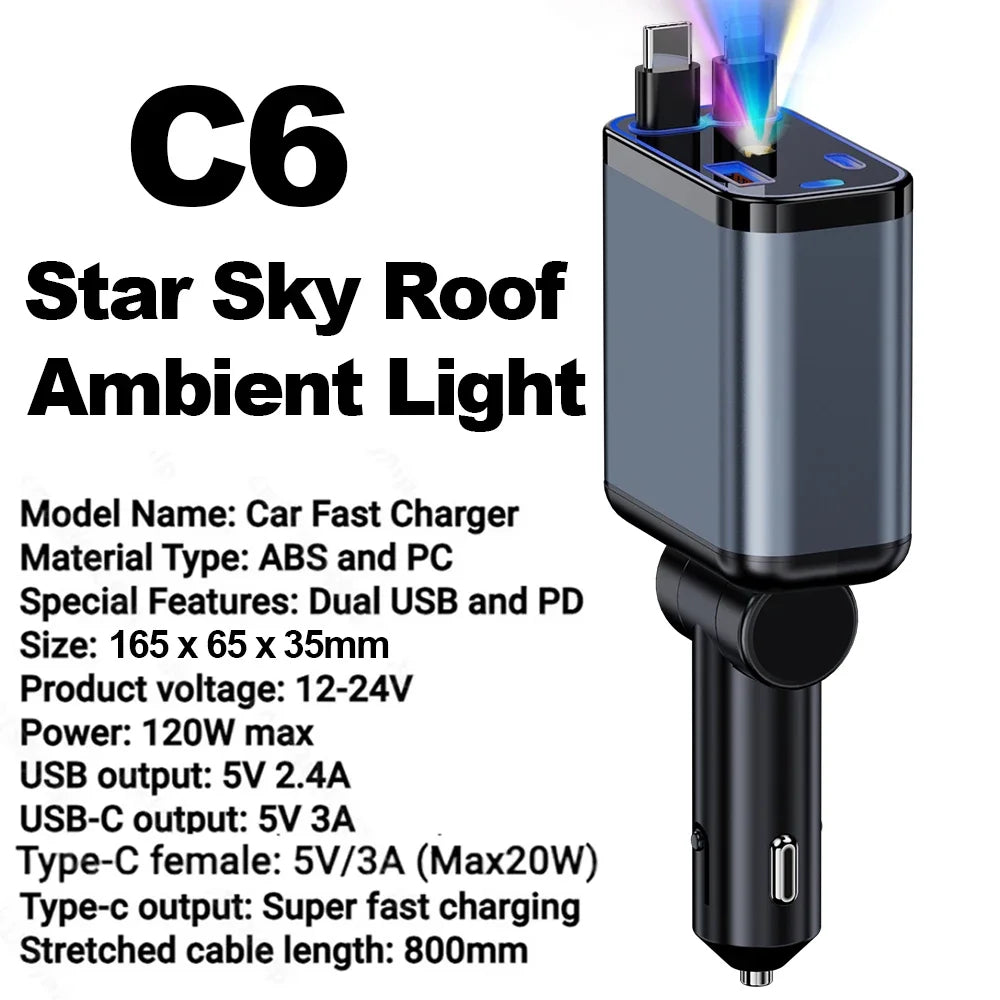 Retractable Car Charger with Starlight Type-C 120W Car Charger Adapter 4 in 1 Car Phone Charger with 2 USB Ports Star Top Light