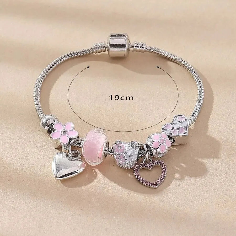 Bega Love Heart Flower Glass Pendant Charm Bracelet