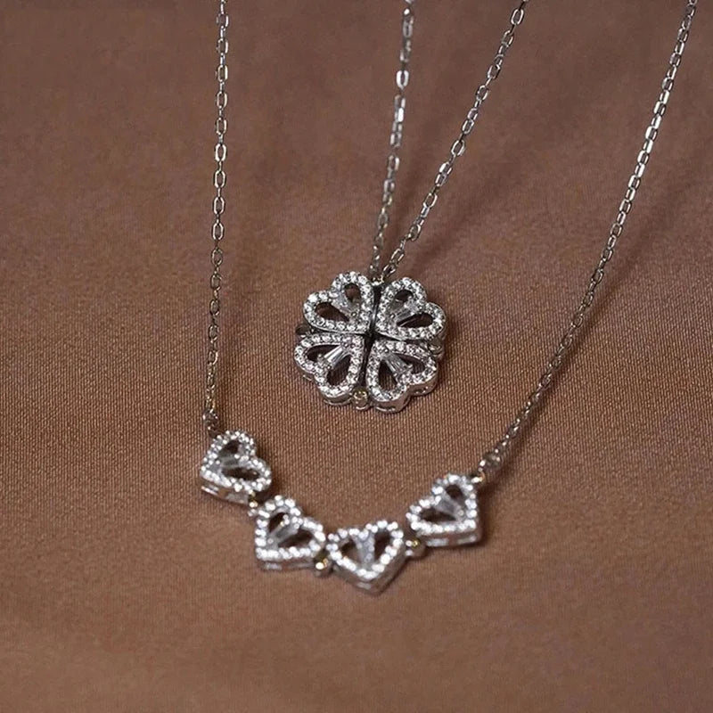 Heart Shaped Four Leaf Clover Pendant Necklace Silver Gold Jewelry Zircon