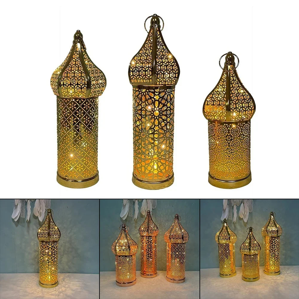 1pc Golden Hollow Iron Lantern Ramadan Home Decoration Light Ornaments Without Batteries