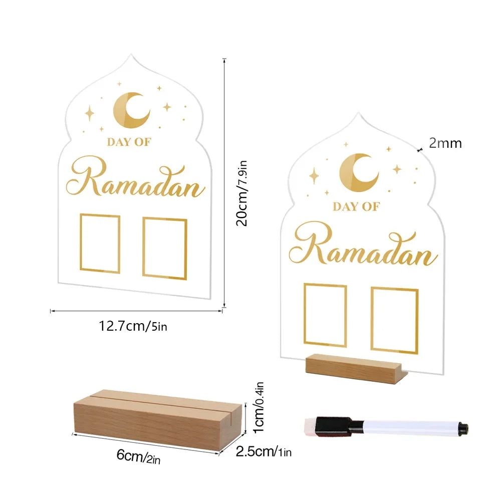 Reusable Acrylic Ramadan Calendar Board Wooden Base Table Ornament with Pen