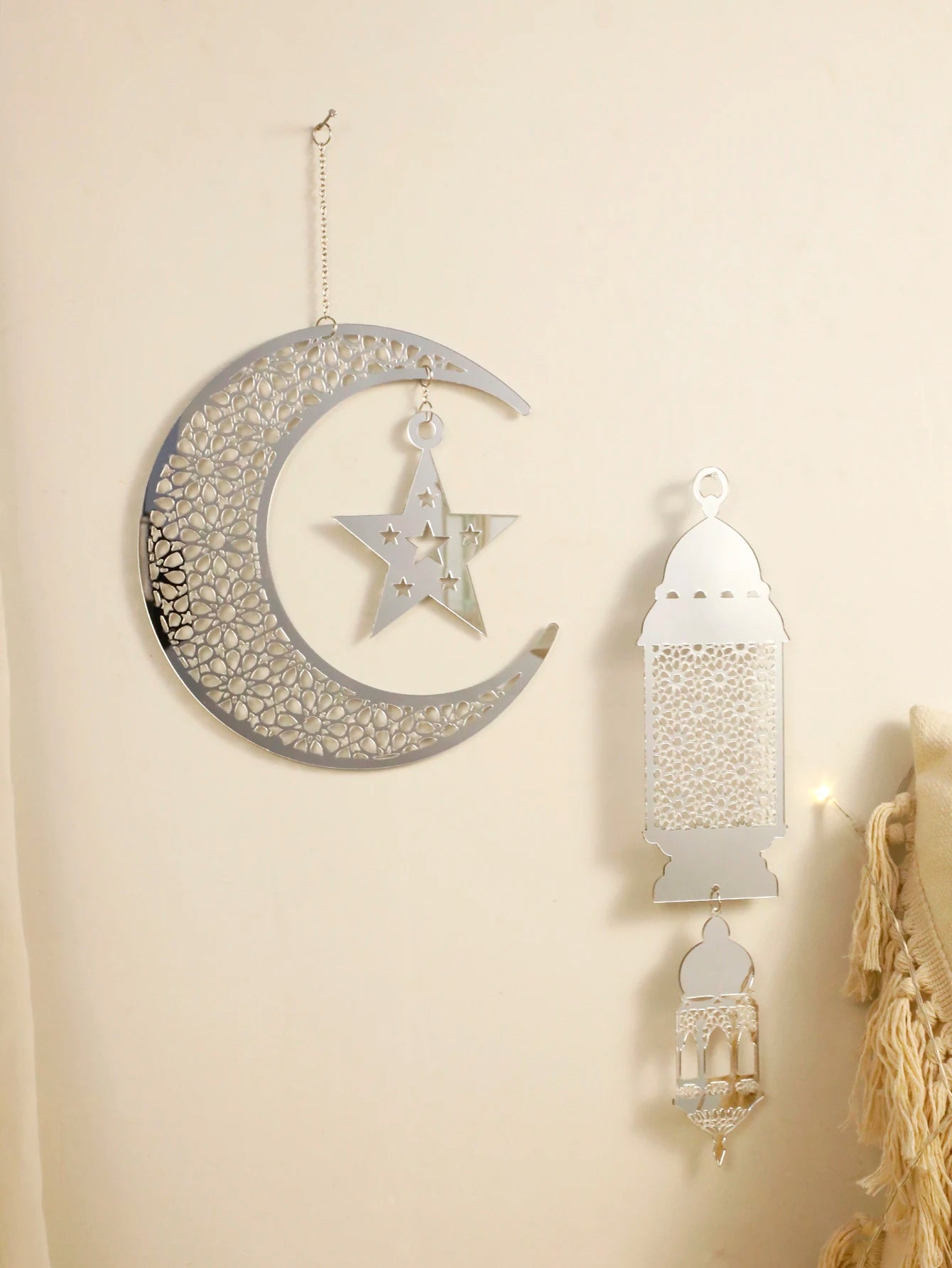 Silver Ramadan Acrylic Moon Hanging Ornaments with Hollow Mesh Star