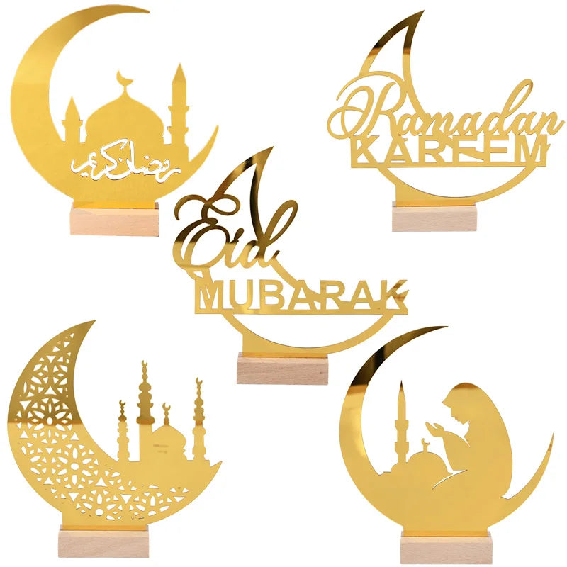 Eid Mubarak Moon Castle Acrylic Table Ornaments with Wooden Base 2025