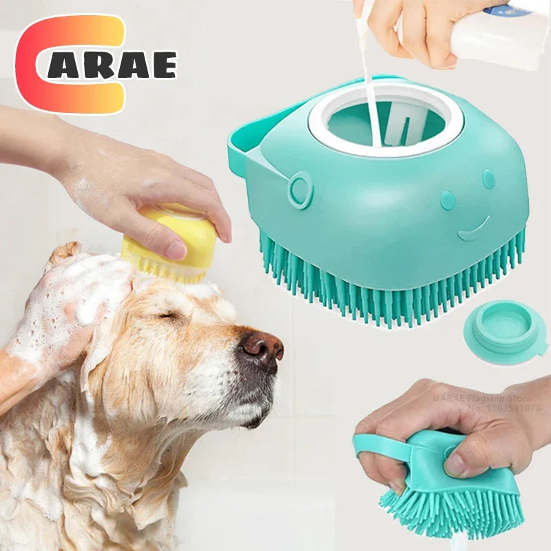 Dog Bathing Brush Pet Massage Brush Shampoo Dispenser Soft Silicone Brush