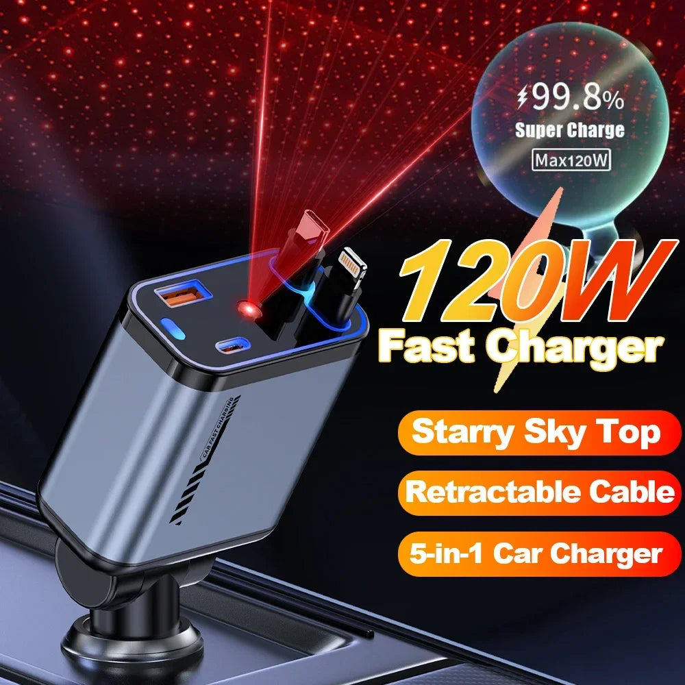 Retractable Car Charger with Starlight Type-C 120W Car Charger Adapter 4 in 1 Car Phone Charger with 2 USB Ports Star Top Light