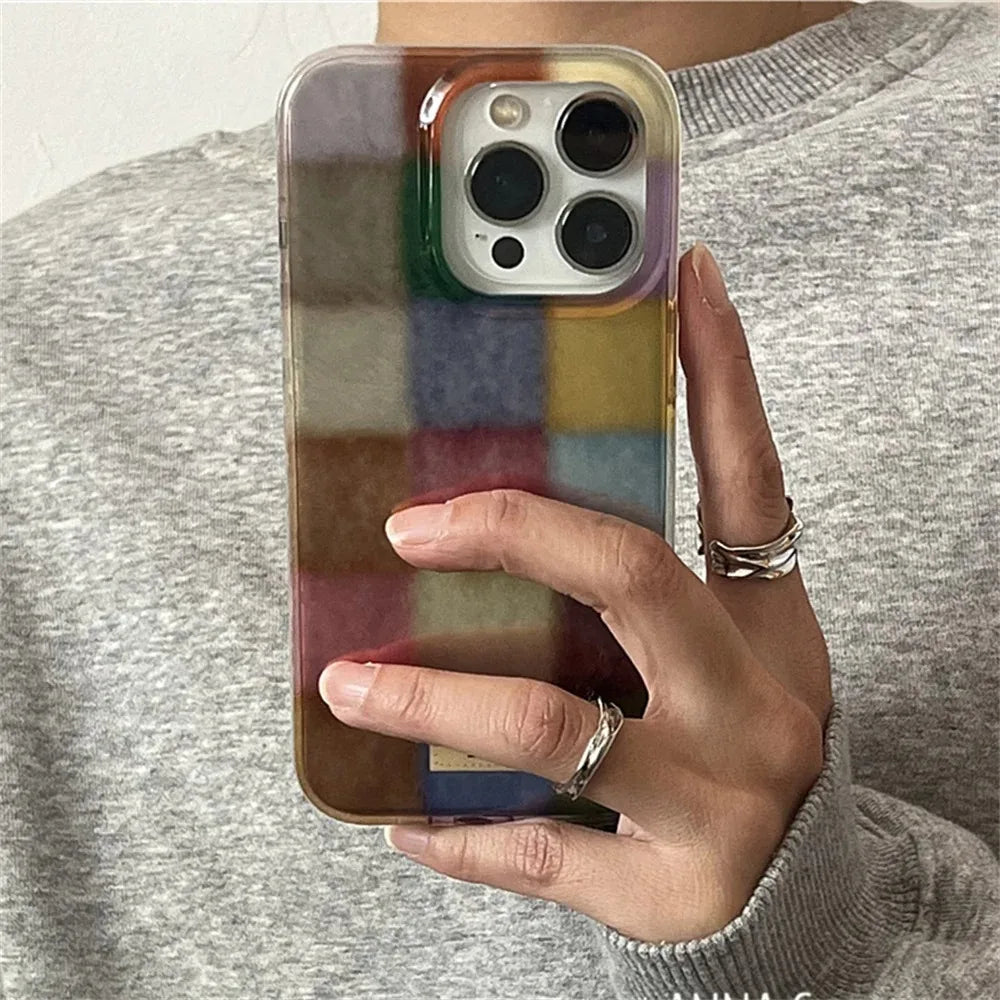 Cute Dopamine Color Block Match Plaid Clear Case For iPhone 16 15 14 13 12 11 Pro Max XS XR X SE 7 8 Plus Checkered Soft Cover