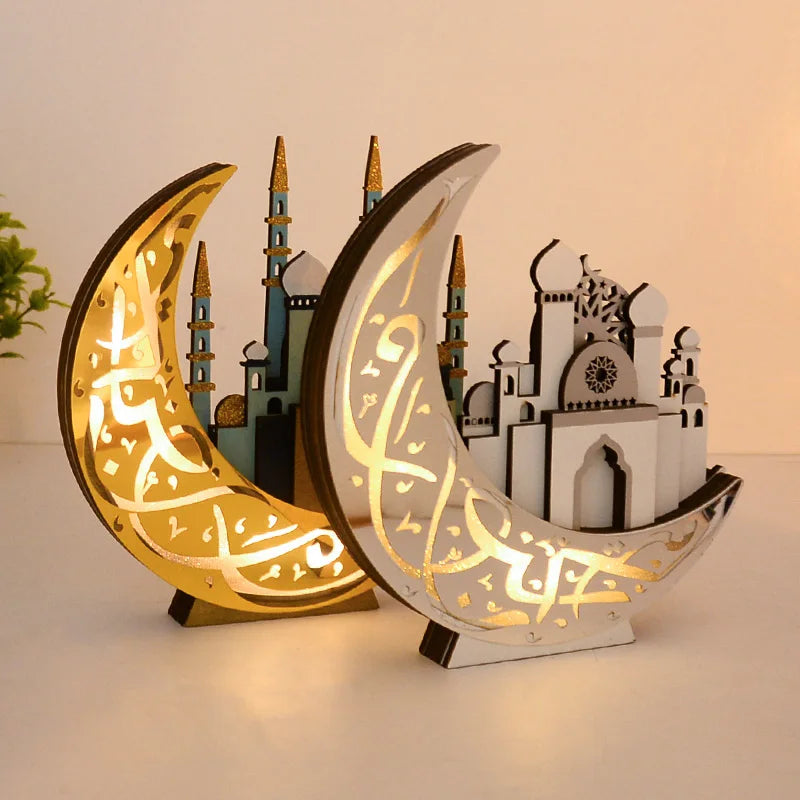 EID Mubarak LED Light Wooden Moon Mosque Table Ornaments