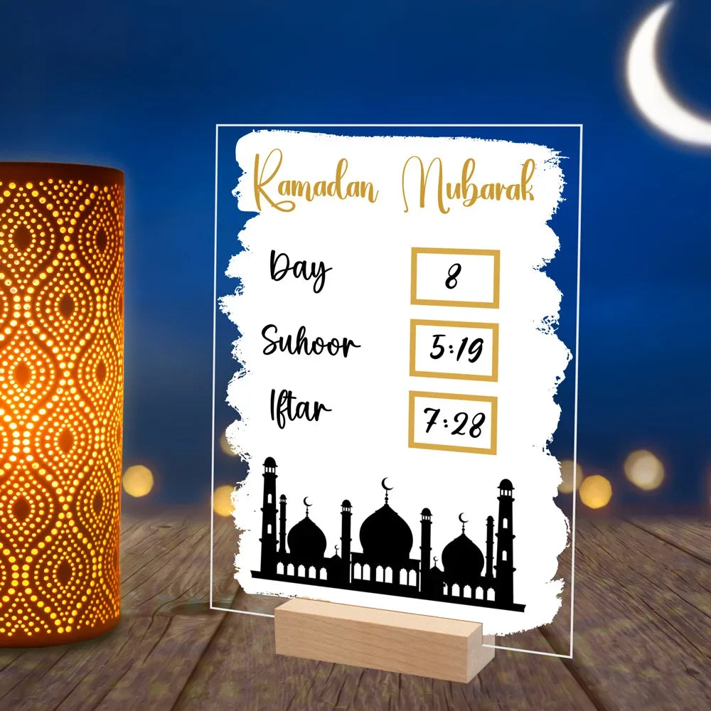 Reusable Acrylic Ramadan Calendar Board Wooden Base Table Ornament with Pen