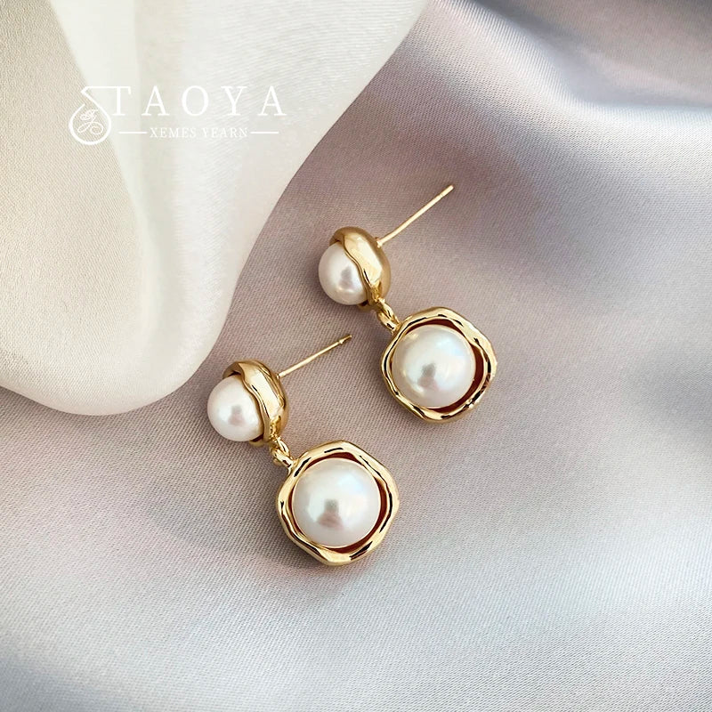 New French Elegant Gold Color Bean Spliced Flat Pearl Earrings