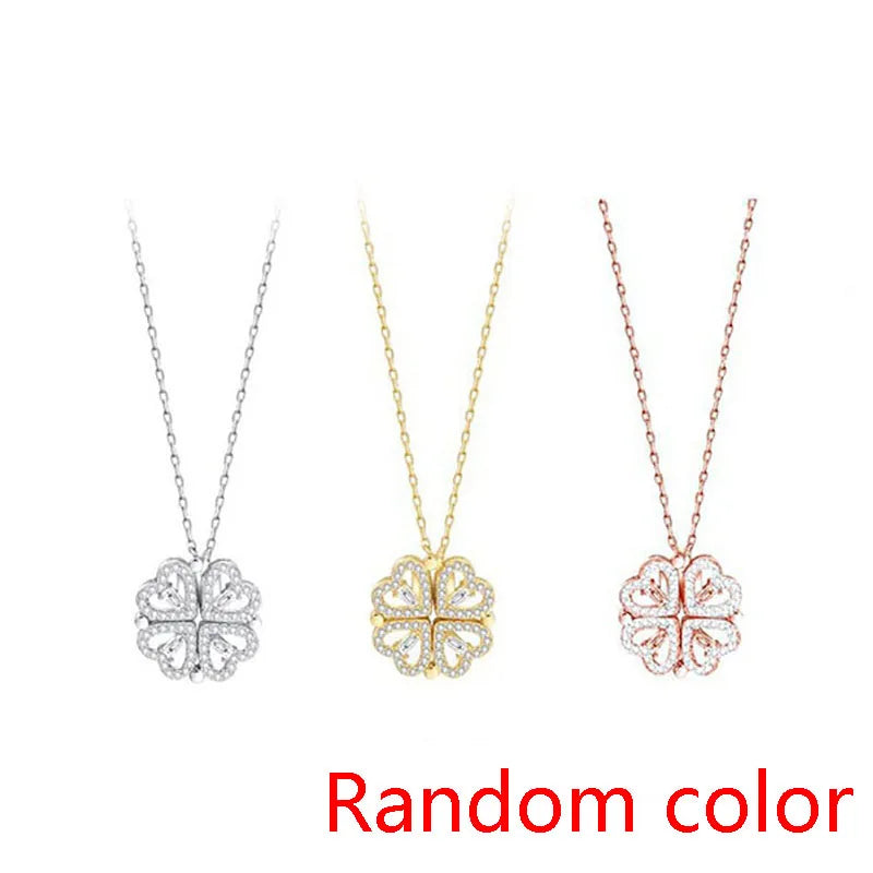 Heart Shaped Four Leaf Clover Pendant Necklace Silver Gold Jewelry Zircon