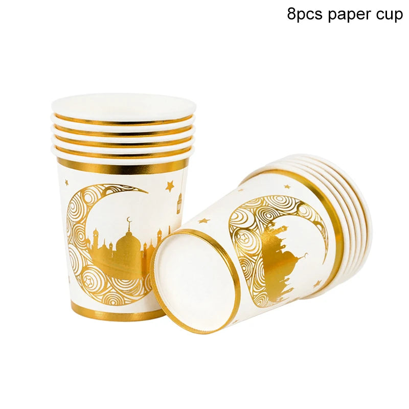 Eid Mubarak Disposable Tableware Gold Plate Cup Banner Gift Bags