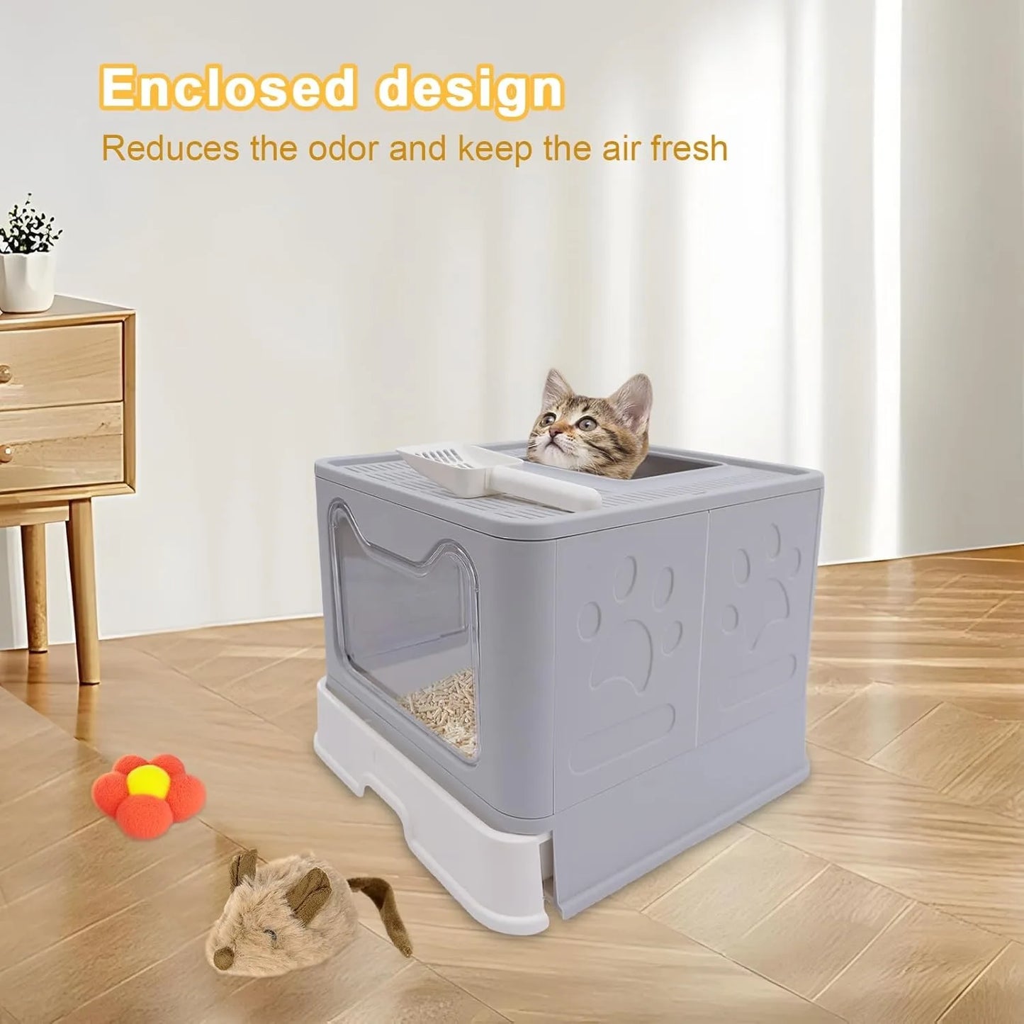 Enclosed Cat Kitty Litter Box with Scoop, Top and Front Entry Litter Box with Lid, Foldable Covered Cat Litter Box