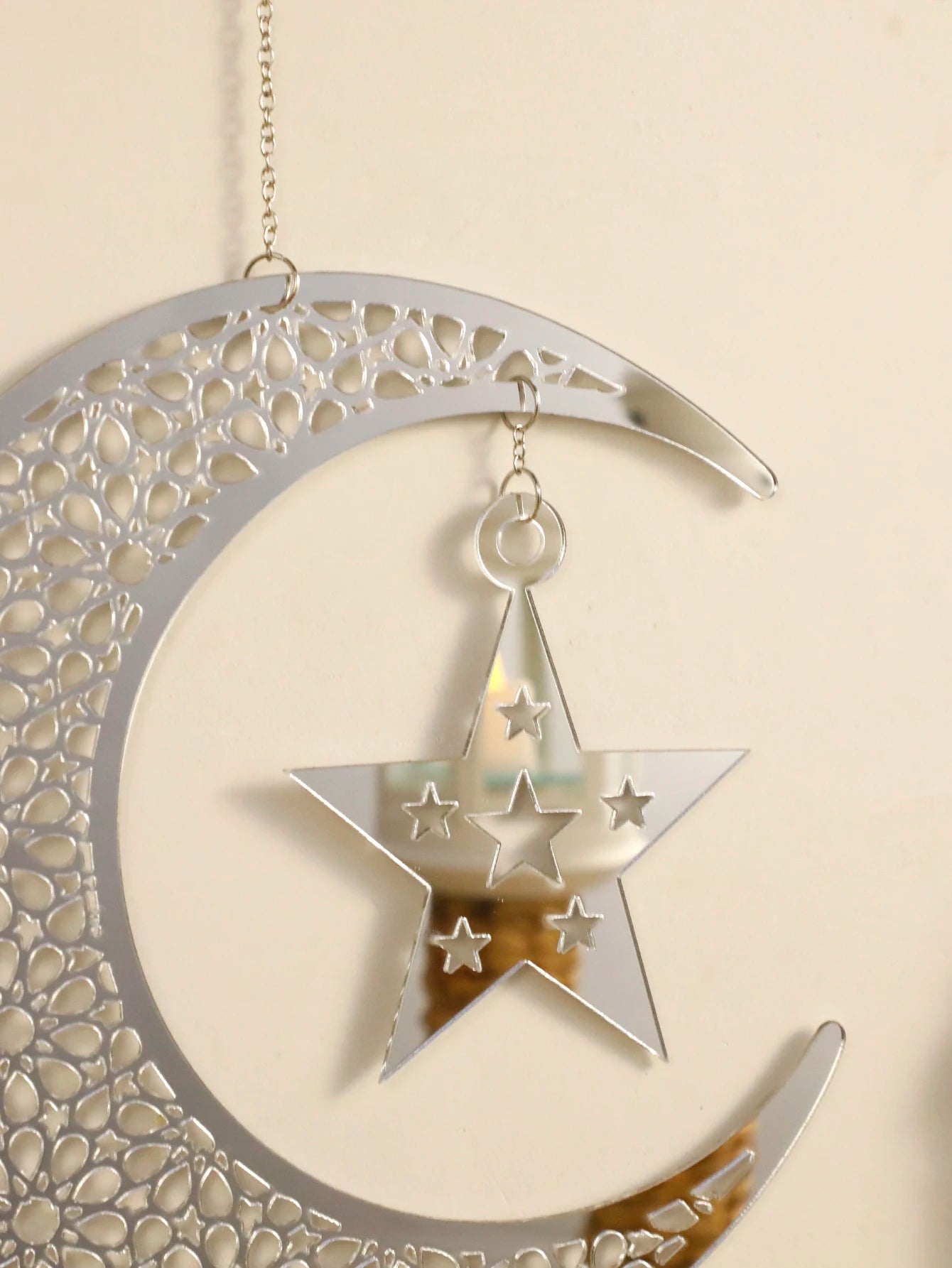 Silver Ramadan Acrylic Moon Hanging Ornaments with Hollow Mesh Star