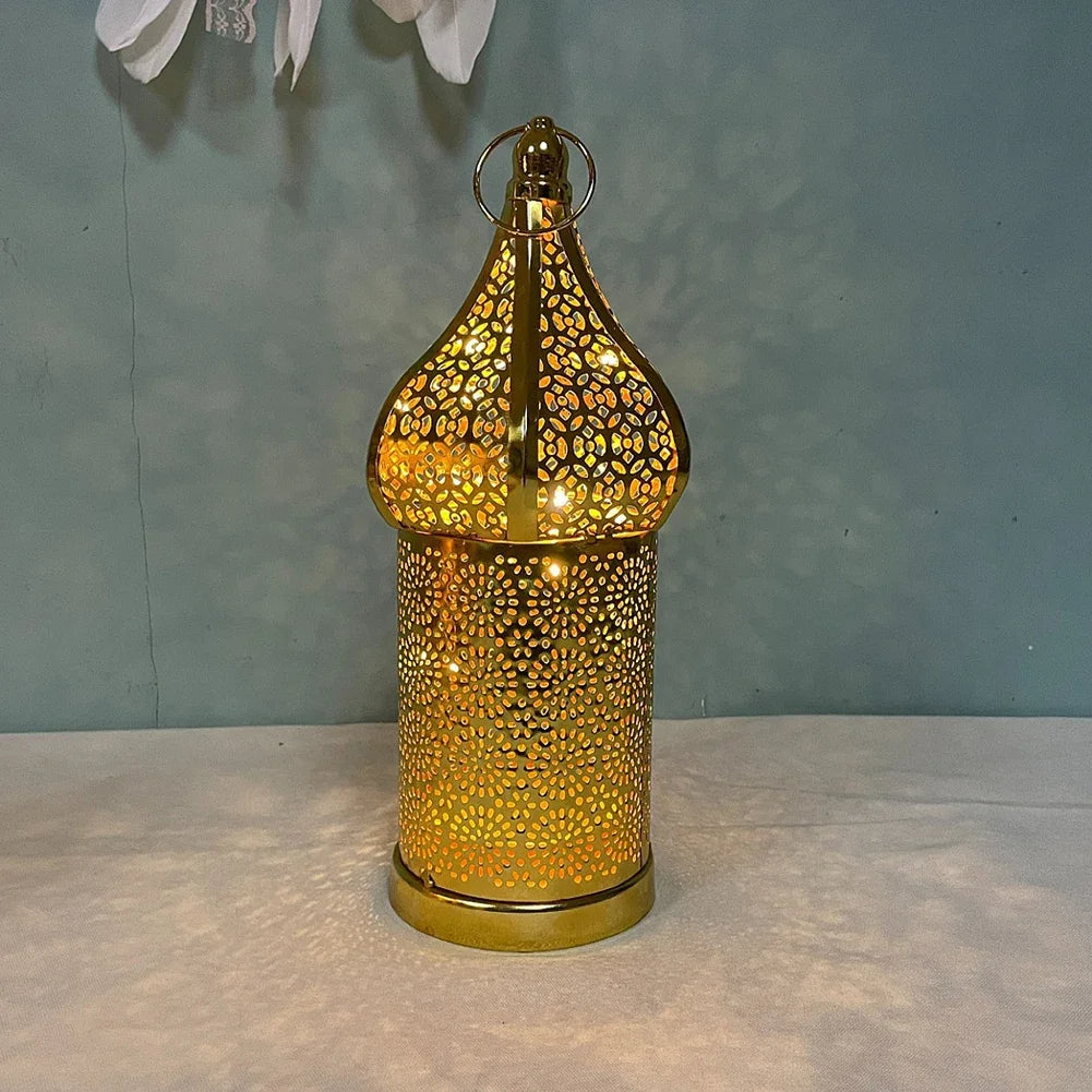 1pc Golden Hollow Iron Lantern Ramadan Home Decoration Light Ornaments Without Batteries