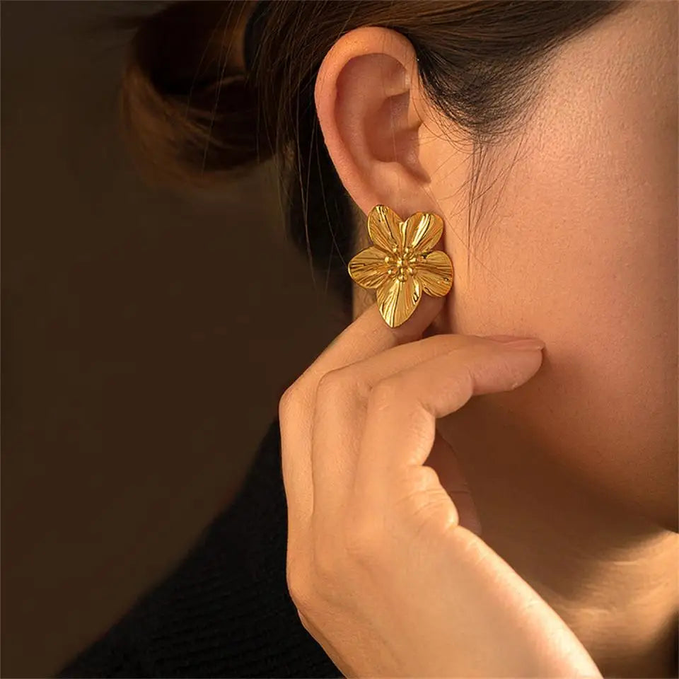 Fashion Stainless Steel Leaves Flower Stud Earrings